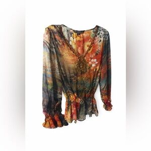 EUC Vintage Y2K Boho Sheer Embroidered Peasant Blouse Multicolor Floral S